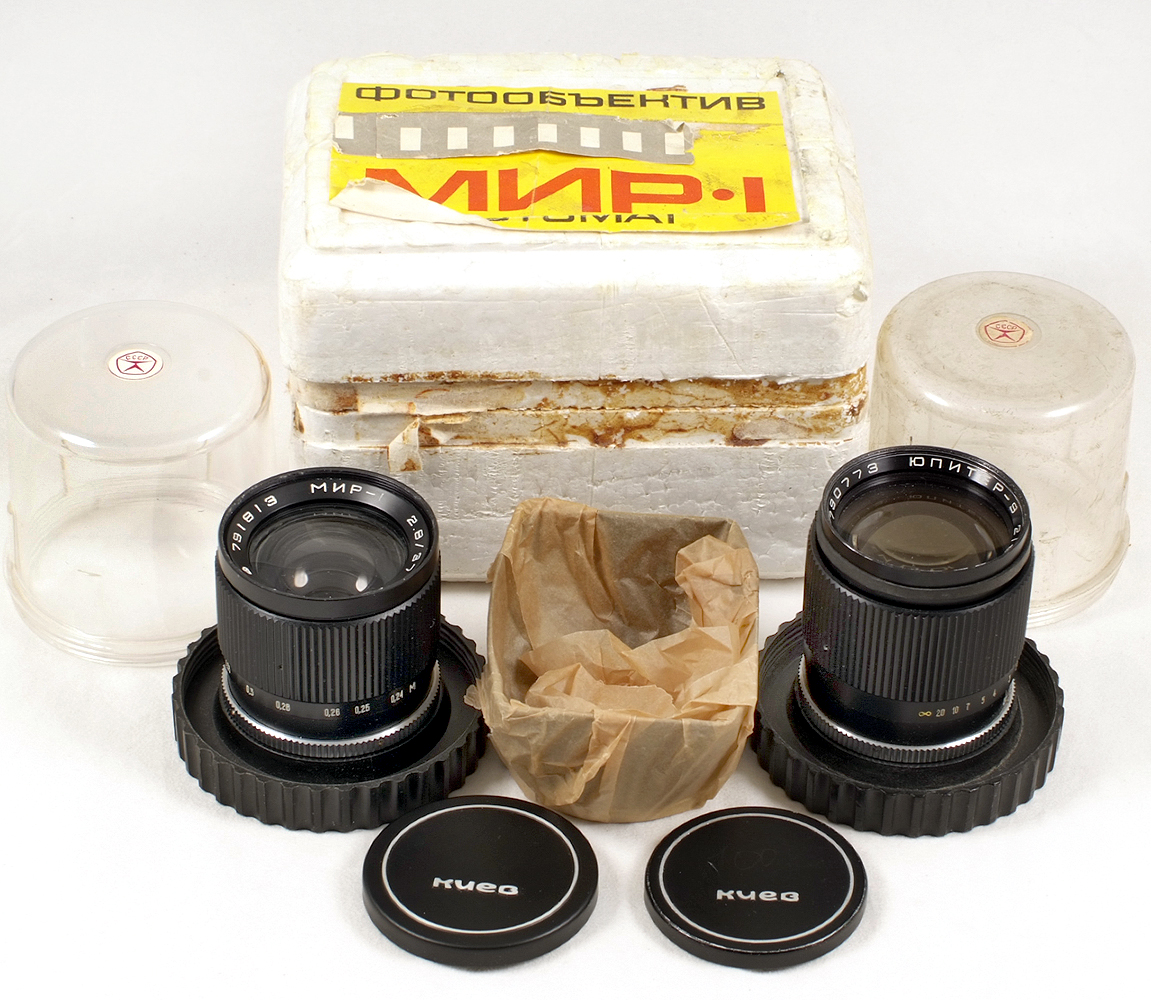 Pair of Lenses for Kiev-10 & 15 Cameras. JUPITER-9 AUTOMAT f2 85mm lens c1979, with cap & keeper.