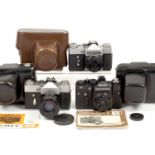 Three Zenit Cameras. ZENIT-B, 1968 export version, with HELIOS-44 f2 58mm lens, cap, case & manual.