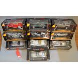 10 x Maisto Premiere Edition 1:18 scale diecast model cars, including Mercedes-Benz. VG, boxes.