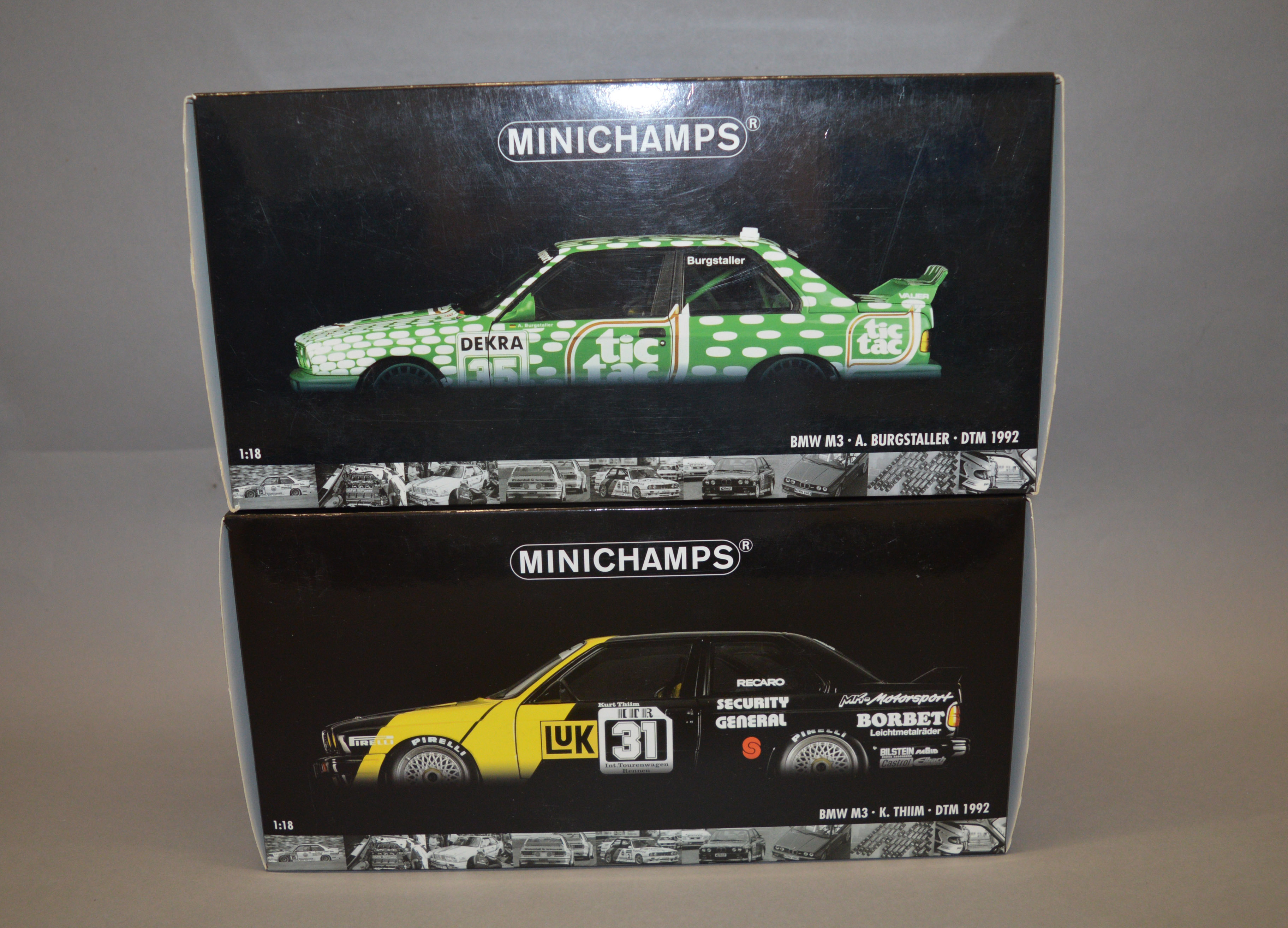 Two boxed Minichamps BMW M3 diecast model cars in 1:18 scale, K. Thiim and A.