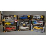 Nine Maisto 1:18 scale diecast model cars, including Mercedes-Benz. G-VG, boxed.