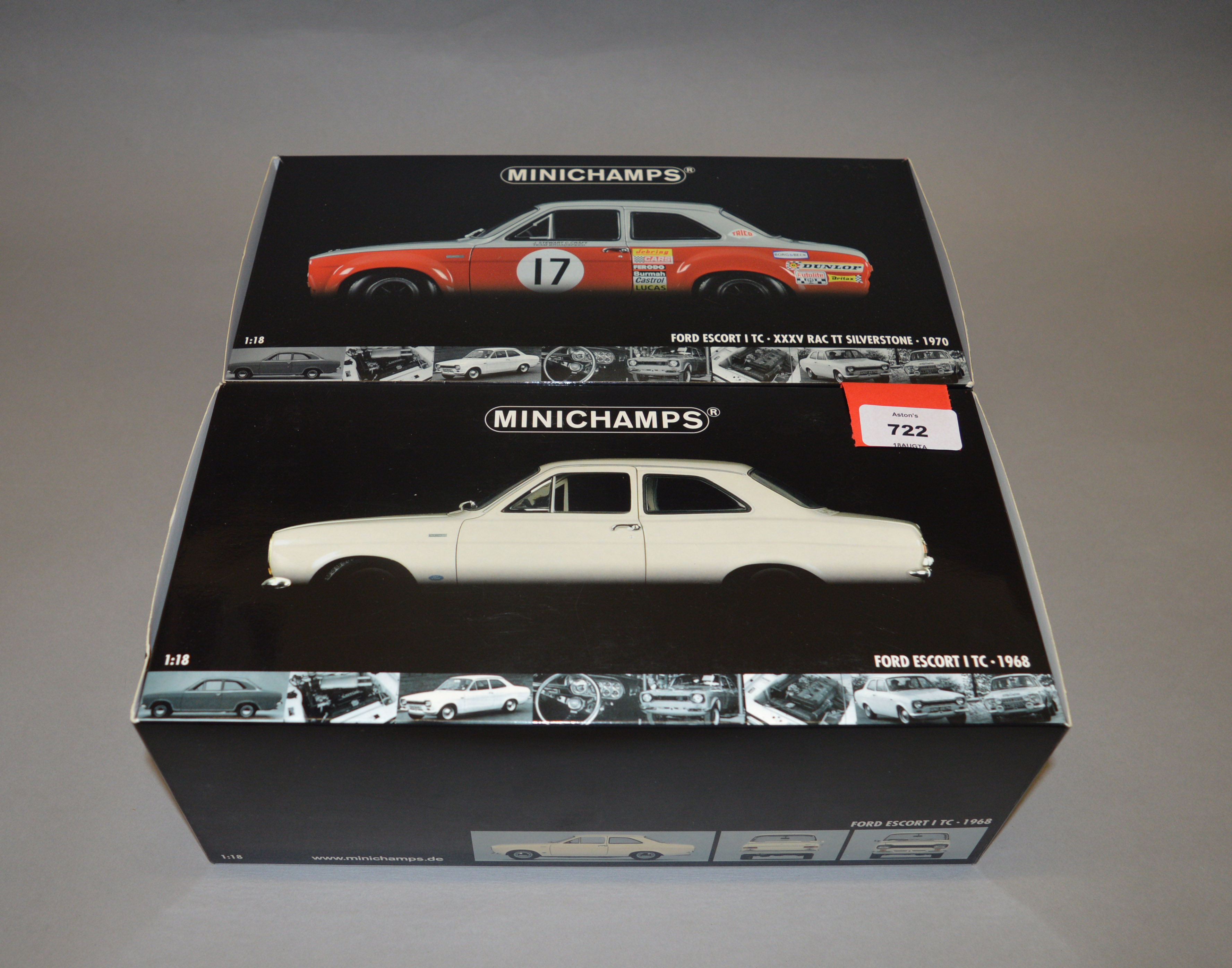 Two boxed Minichamps Ford Escort I TC diecast model cars in 1:18 scale,