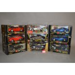 Nine Bburago 1:18 scale diecast model cars, including Dodge Viper; Porsche, Mercedes, etc.