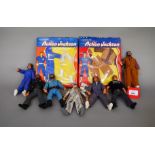 Seven unboxed Mego Action Jackson action figures. Together with two boxed Action Jackson outfits.