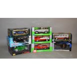 Eight 1:18 scale diecast model cars by Maisto, NEX, etc, including a Hummer and Land Rover models.