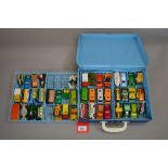 A blue plastic Matchbox Collectors Case with white plastic handle and metal latch,