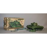 A boxed 'Mighty Joe' plastic battery operated remote control Tank, approximately 59cm long,