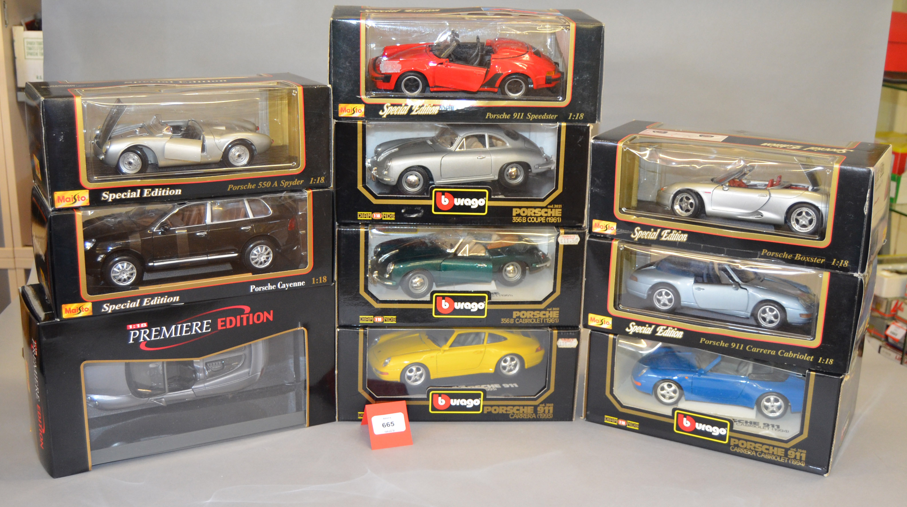 10 x 1:18 scale diecast Porsche model cars by Bburago and Maisto. G-VG, boxed.