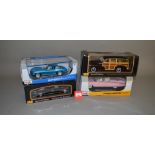 Four Maisto 1:18 scale diecast model cars, including a Cadillac Eldorado in pink. G-VG, boxed.