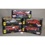 Five Mattel Hot Wheels 1:18 scale diecast Ferrari models. Boxed and VG.