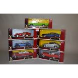 Seven Road Signature 1:18 scale diecast model cars, including Ford Thunderbird, Shelby Cobra,