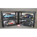 Four Norev 1:18 scale diecast model cars: Audi A4 DTM 2008; Citroen DS 23 Pallas; Ford Capri;