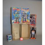 Two robot toys, and two empty boxes: Horikawa (Japan) Mr Zerox, brown tinplate and plastic robot,