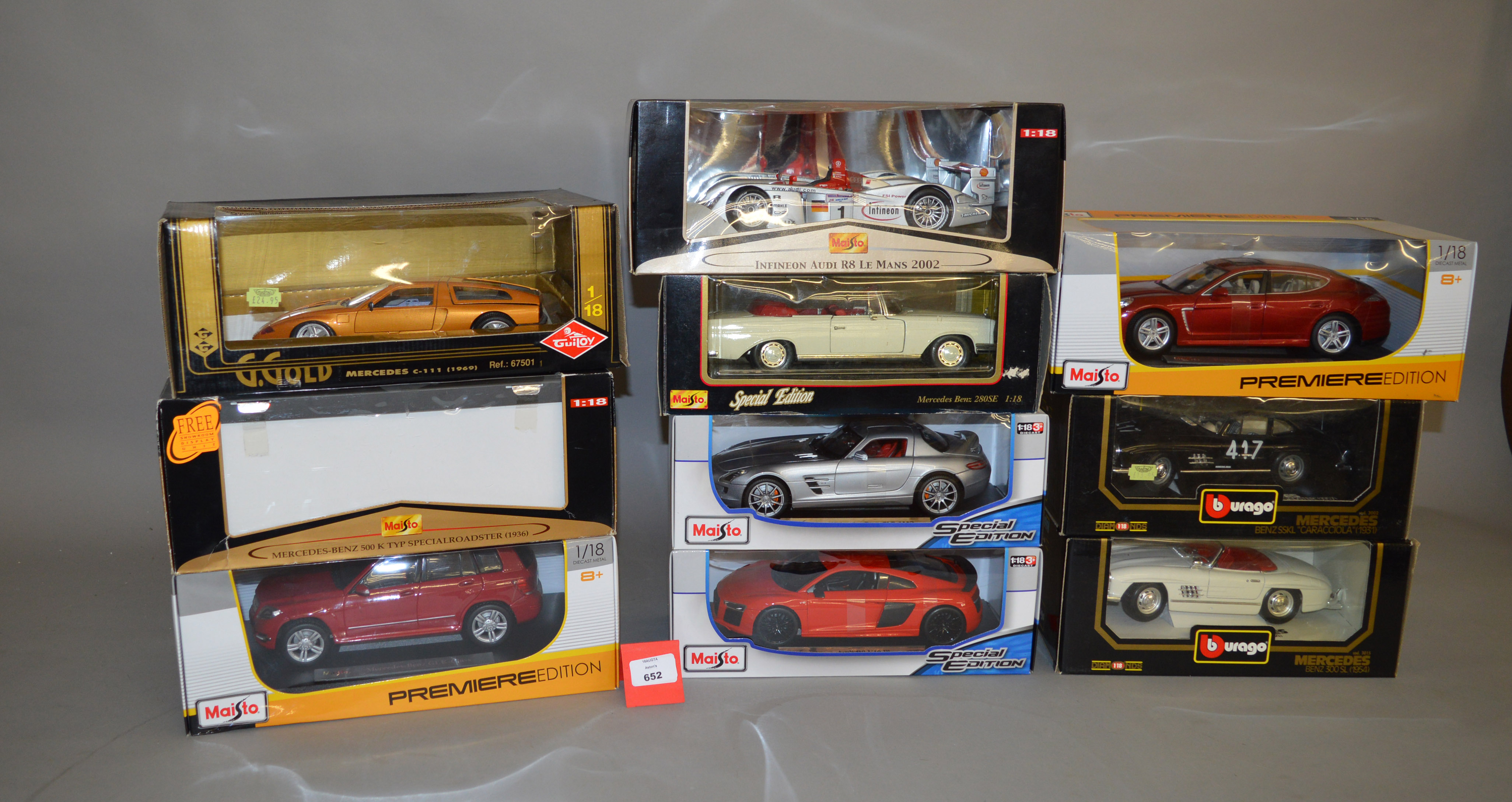 10 x 1:18 scale diecast models by Maisto, Bburago and similar, including Mercedes and Audi, etc.