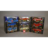 Nine Bburago 1:18 scale diecast model cars, including Bugatti, Ferrari and Lamborghini models.
