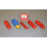 Five vintage unboxed plastic Lego vehicles, approximately HO scale, all with 'Bedford' style cabs,