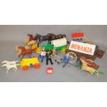 Palitoy Bonanza: four figures (Hoss, Ben, Little Joe, Outlaw); 4 in 1 Wagon with instruction sheet,