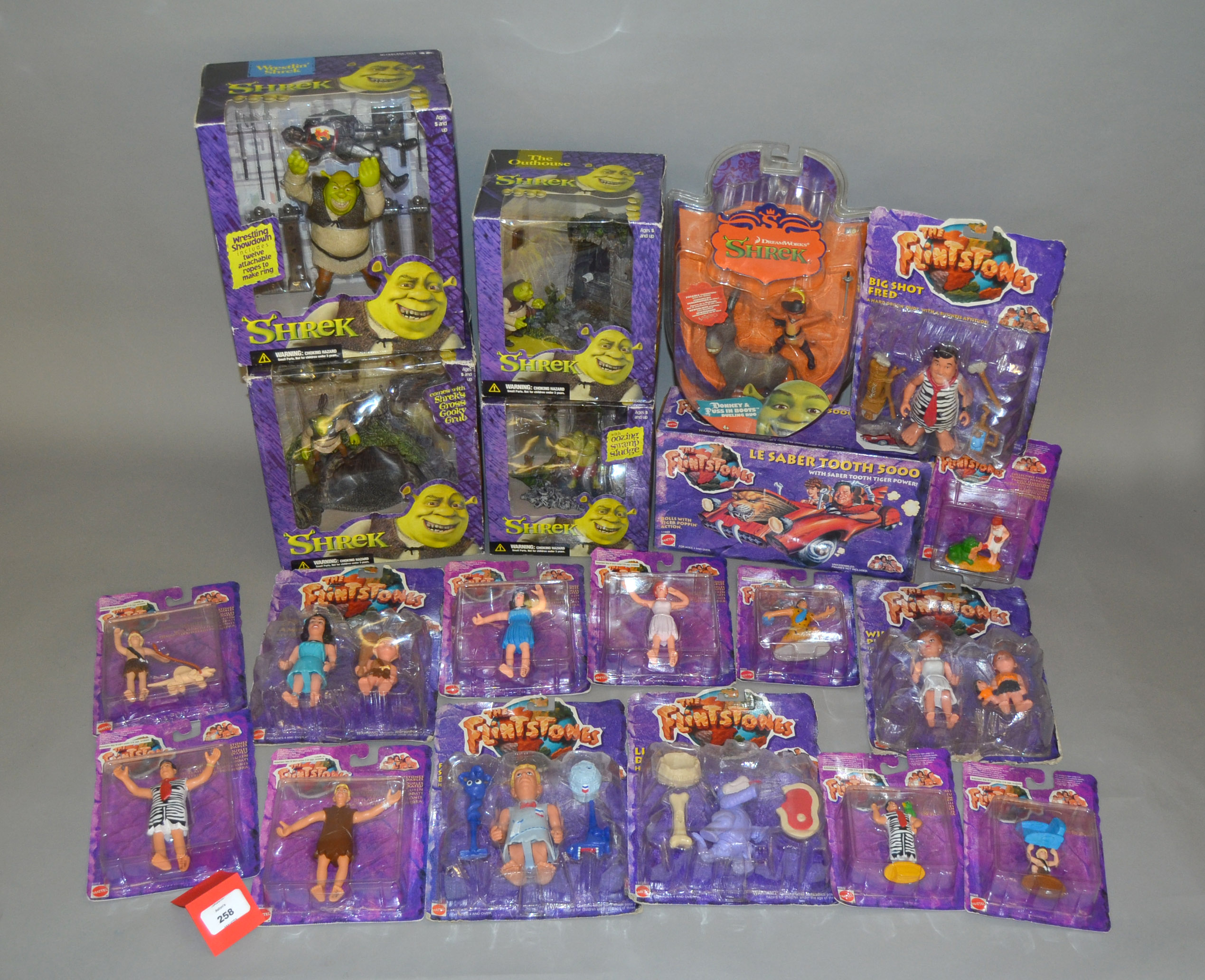 Quantity of children's toys, McFarlane Shrek and Mattel Flinstones. All boxed/carded, appear G-VG.