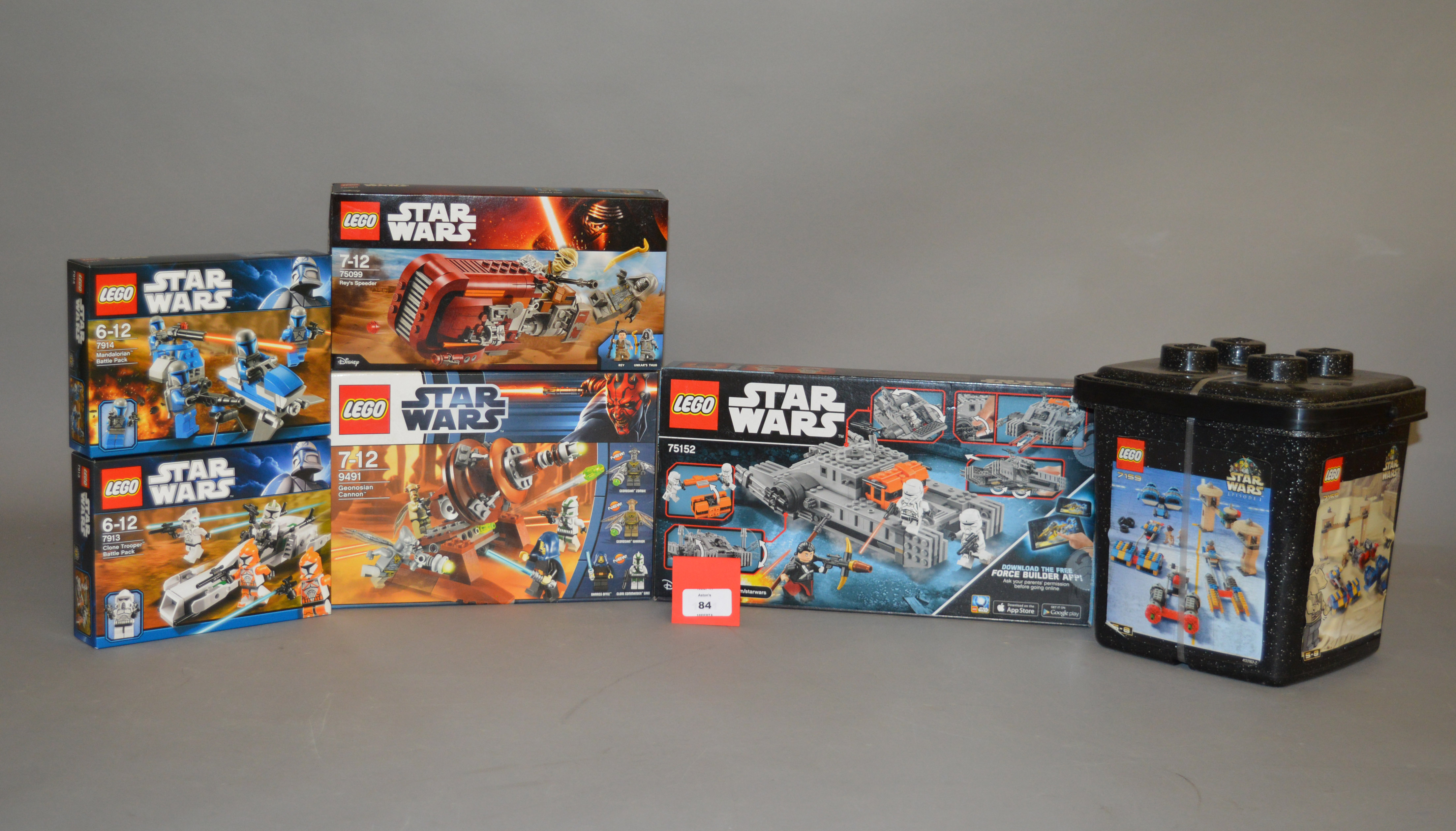 Six Lego Star Wars sets: 7159 Episode I Bucket; 9491 Geonosian Cannon; 75099 Rey's Speeder;