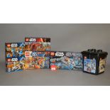 Six Lego Star Wars sets: 7159 Episode I Bucket; 9491 Geonosian Cannon; 75099 Rey's Speeder;