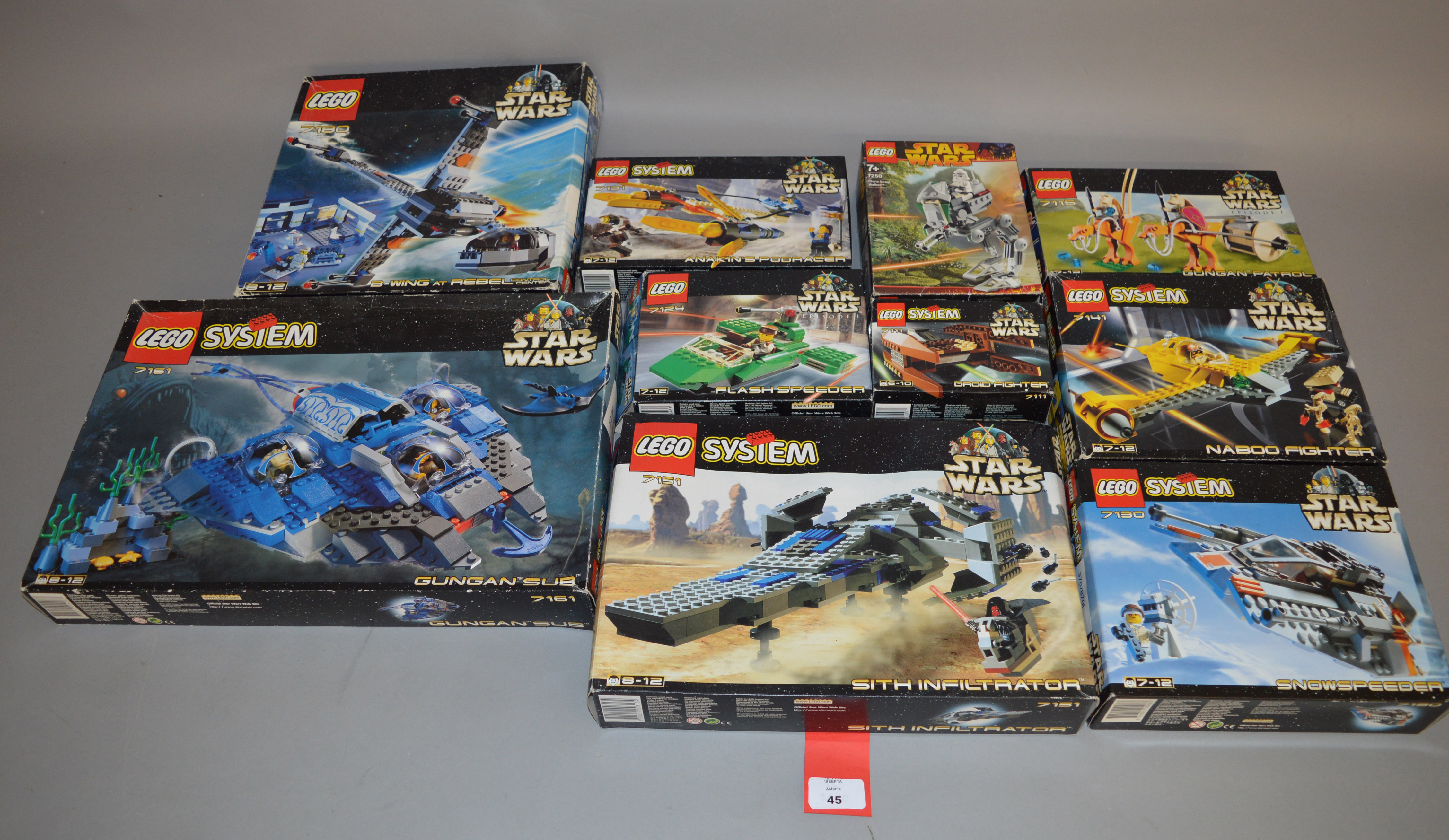 10 x Lego Star Wars sets: 7161 Gungan Sub; 7180 B-wing at Rebel Control Center; 7141 Naboo Fighter;