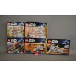Five Lego Star Wars sets: 8099 Midi-scale Imperial Star Destroyer; 7869 Battle for Geonosis;