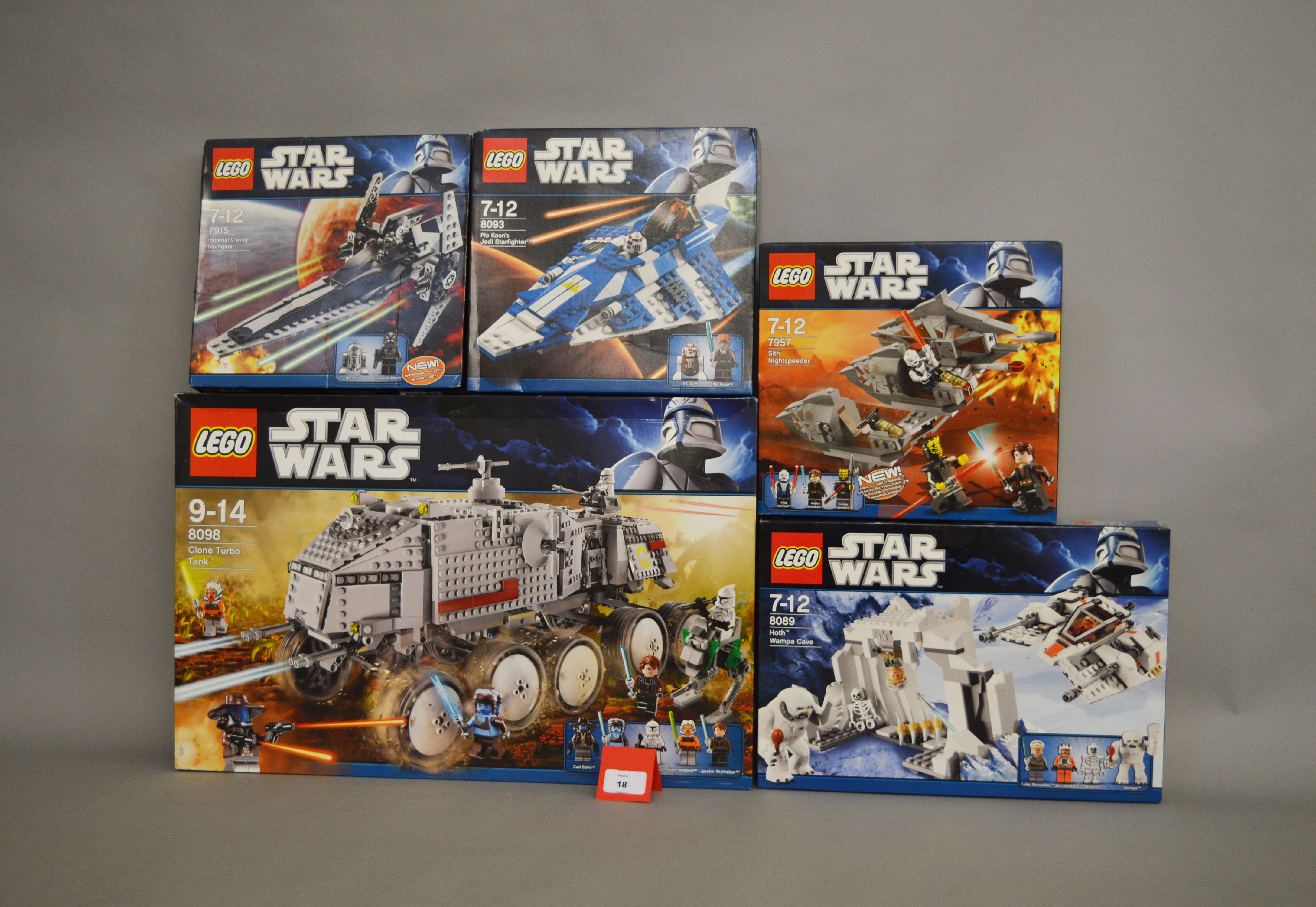Five Lego Star Wars sets: 8098 Clone Turbo Tank; 8089 Hoth Wampa Cave; 7957 Sith Nightspeeder;
