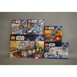 Five Lego Star Wars sets: 8098 Clone Turbo Tank; 8089 Hoth Wampa Cave; 7957 Sith Nightspeeder;