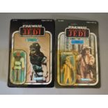 Two Kenner Star Wars 3 3/4" action figures: Logray Ewok Medicine Man on punched 65 back card,