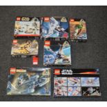 Seven Lego Star Wars sets: 6212 X-wing Fighter; 7150 TIE Fighter & Y-wing;