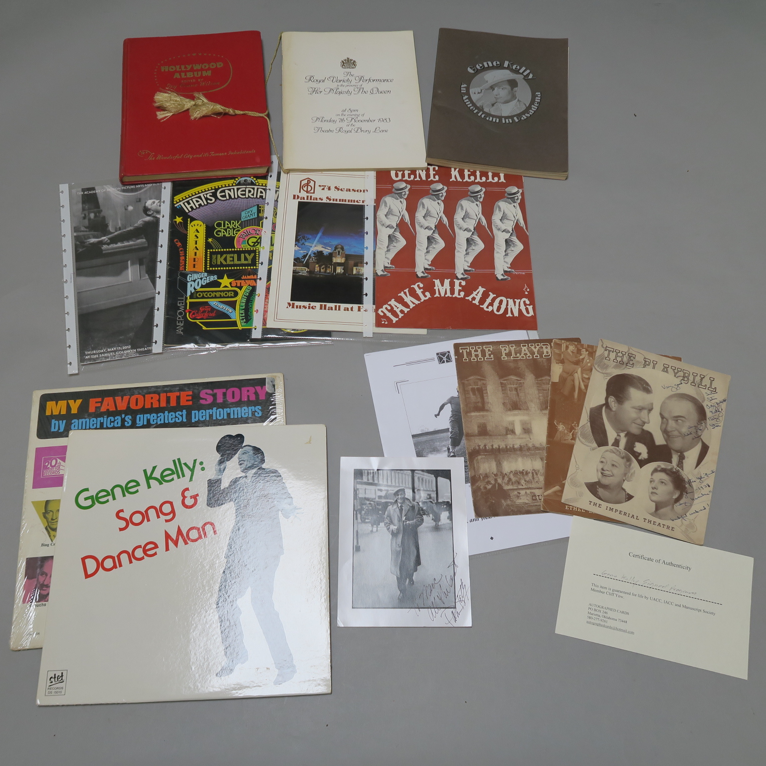 Gene Kelly signed photo with other memorabilia including 2 Gene Kelly records, Holly Wood Album,