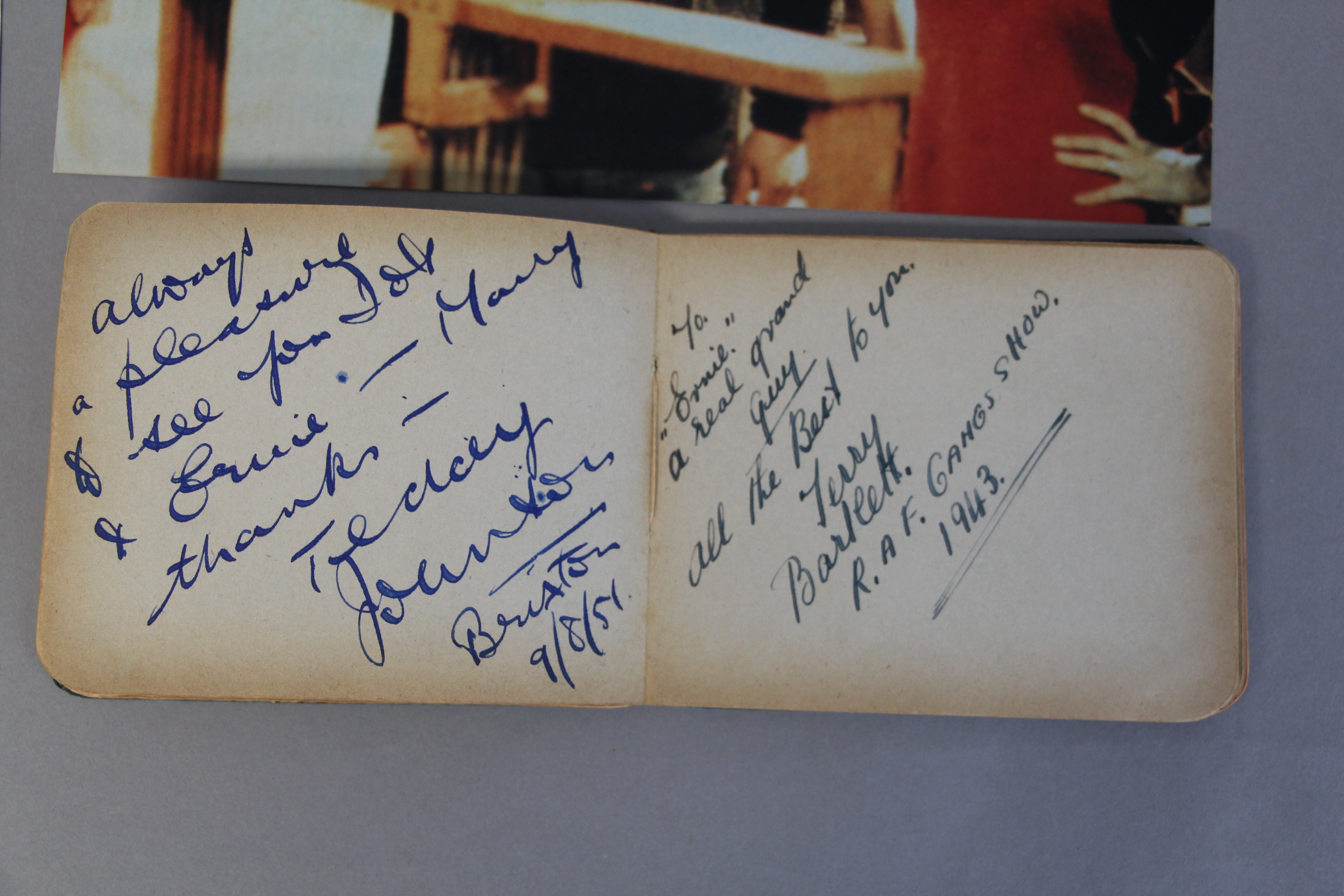Small wartime autograph book containing autographs of many of the cast in 1943 of the RAF Gang show - Image 3 of 9