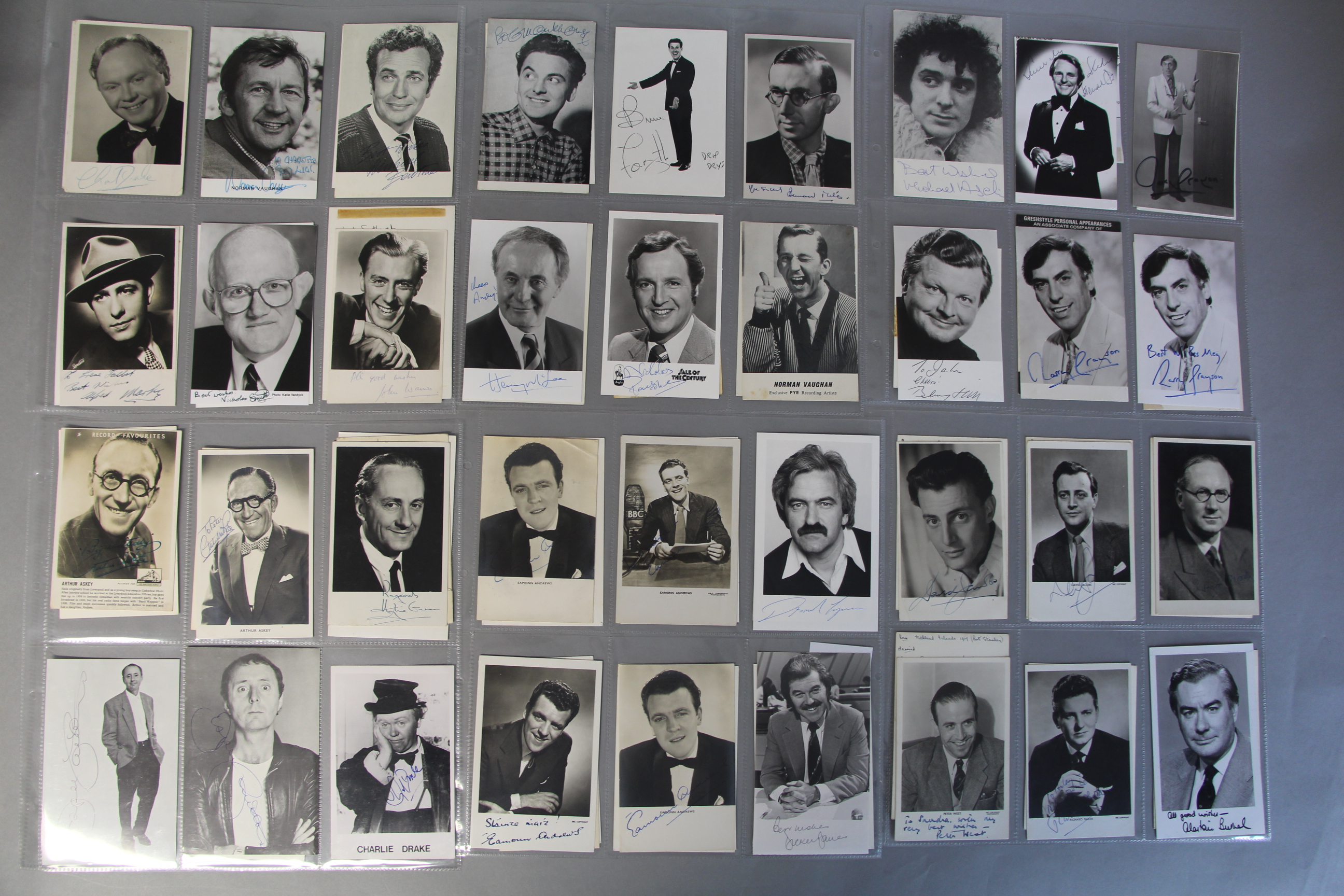 Collection of signed photo cards 6 x 4 inch approx including Charlie Drake x2, Arthur Askey x2 x2,