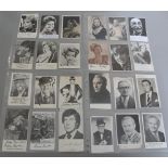Signed photo cards 6 x 4 inch some smaller including Diana Dors x2, Warren Mitchell, Anthony Booth,