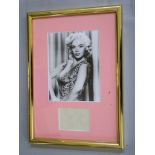 Jayne Mansfield signature on paper with black and white photo, frames measuring 18 x 13 inches.