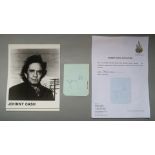 Johnny Cash signed photo and Johnny Cash signature on paper in blue pen with COA.