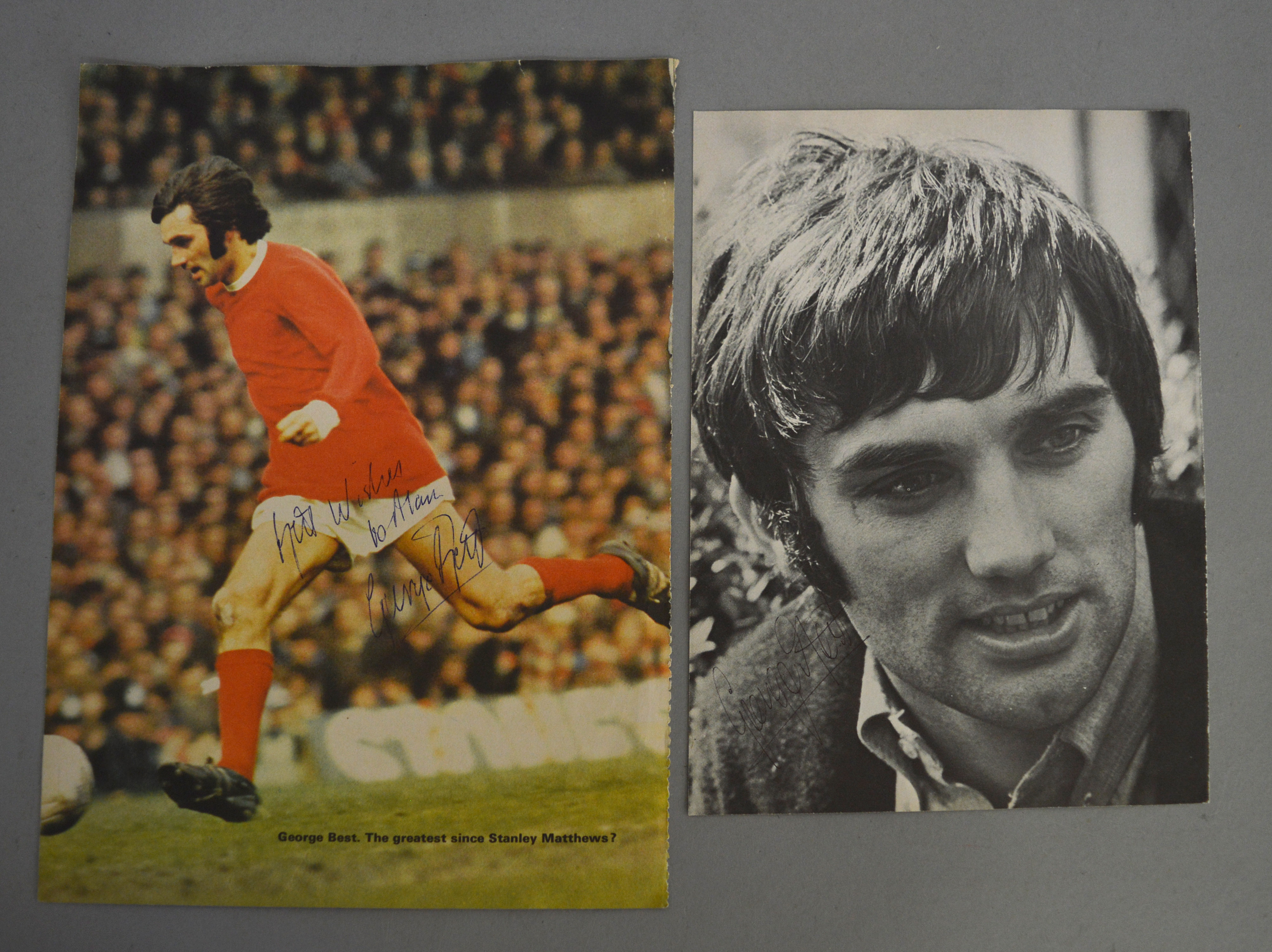 George Best signed page from an early football publication and another black & white signed page.