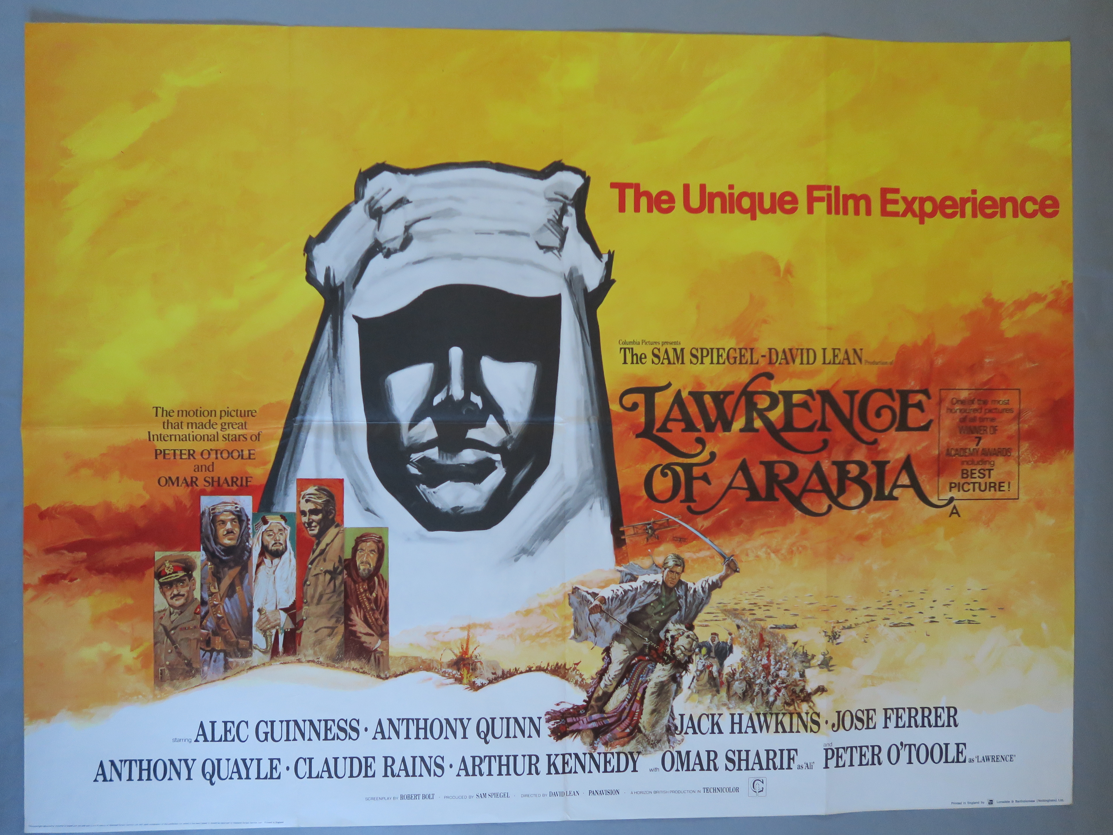 "Lawrence of Arabia" British Quad film poster picturing Peter O Toole as Lawrence plus Omar Shariff,