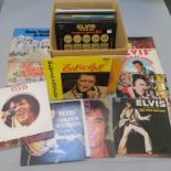 Box of LP records inc Elvis Presley Worldwide 50 Gold Award Hits, Vol 1 & Vol 2 box sets,
