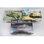 Three Takom 1:35 scale plastic model kits, all tanks: 2046 King Tiger; 2074 King Tiger; 2057 T-55.