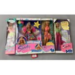 Four Hasbro Sindy dolls: Party Lights; Football; Surprise Jeans; Bahamas. Boxed and VG.