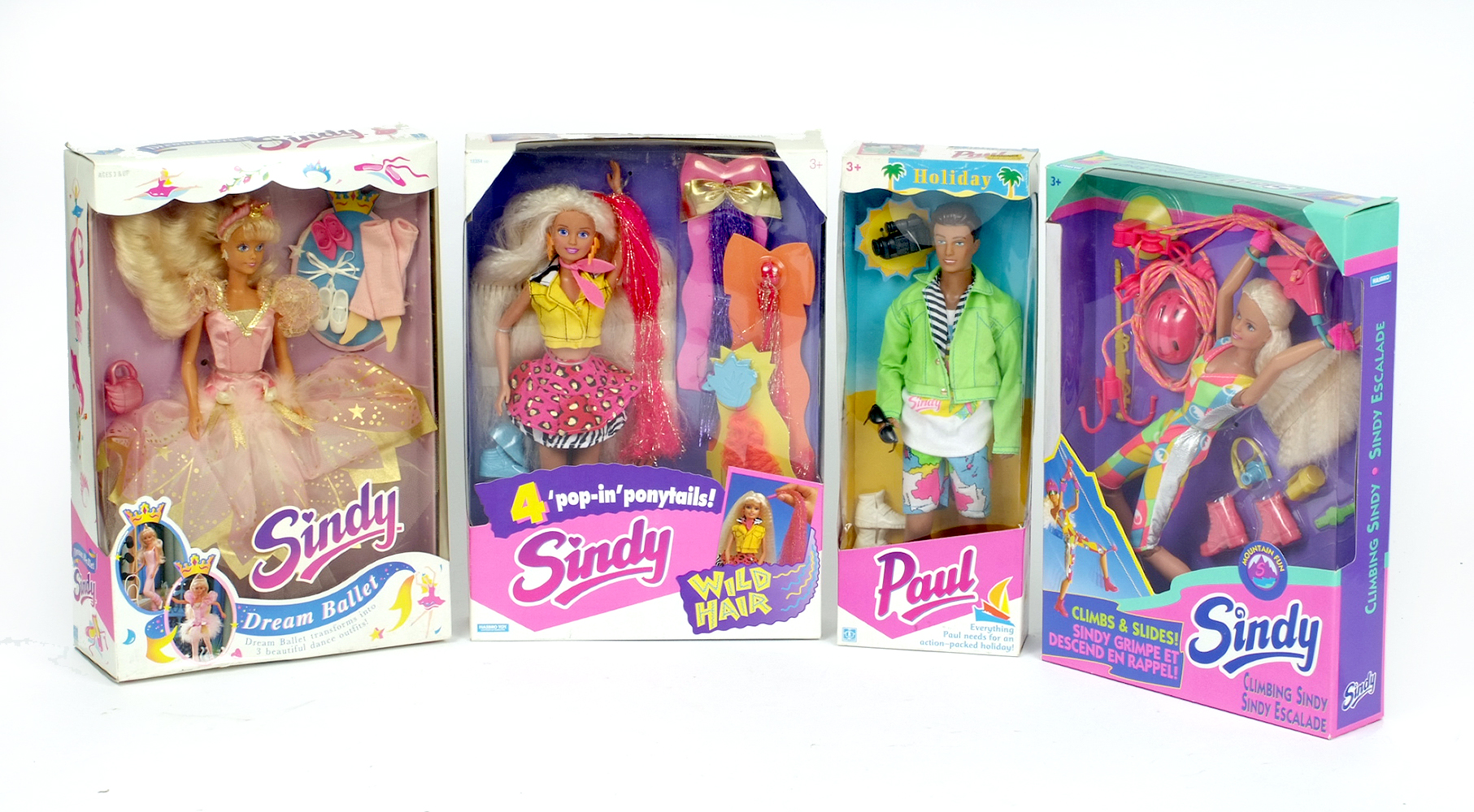 Four Hasbro Sindy dolls: Wild Hair; Climbing; Dream Ballet; Holiday Paul. Boxed and VG.