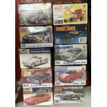 10 x plastic model kits, all 1:24 scale cars by Revell, Monogram, etc. Sealed.