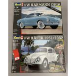 Two Revell 1:16 scale VW plastic model kits: 07491 Karmann Ghia Coupe; 07461 Kafer 1951/1962.
