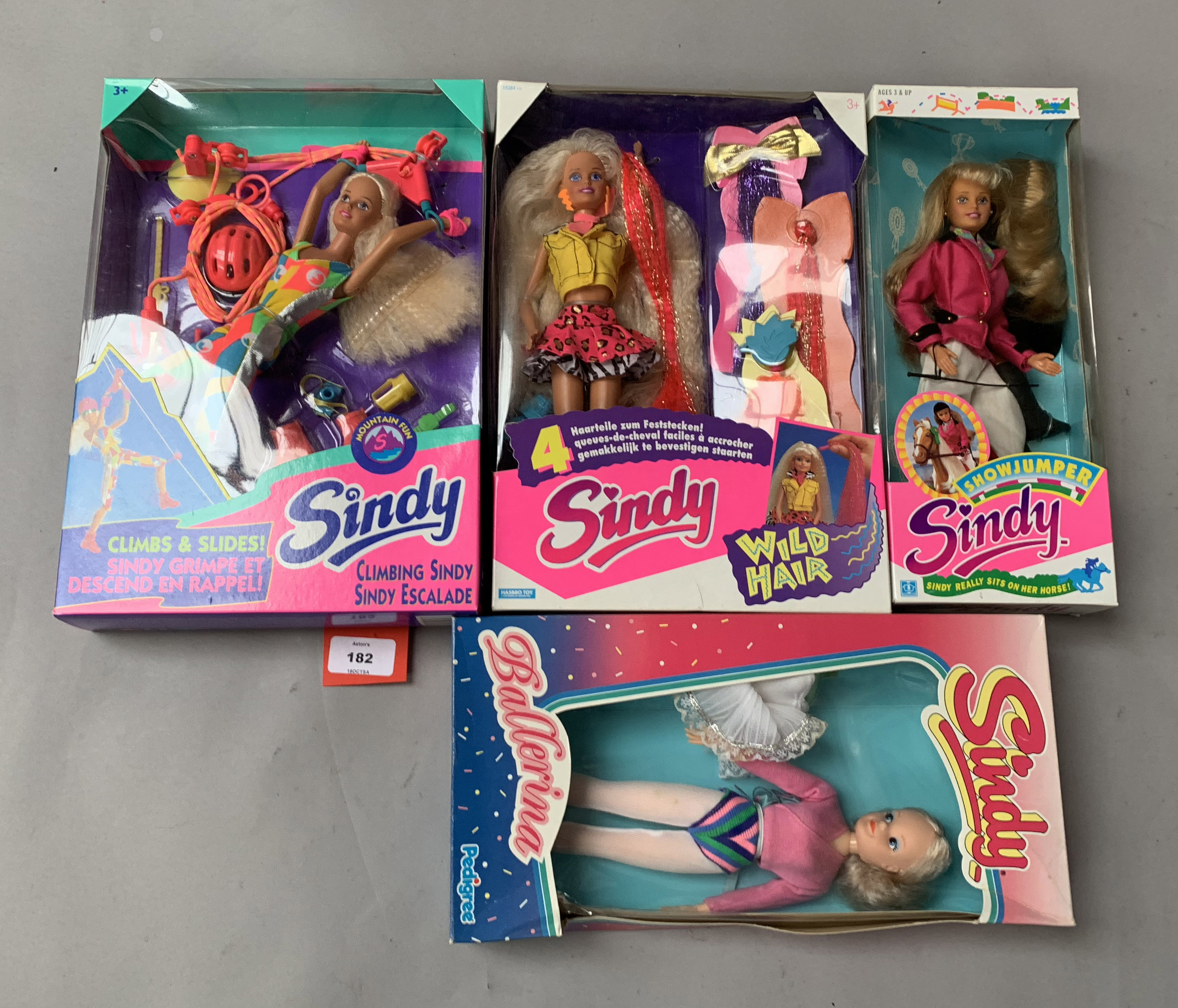 Four Sindy dolls: Pedigree Ballerina; Hasbro Climbing; Hasbro Wild Hair; Hasbro Showjumper.