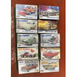 10 x plastic model kits, all 1:24 scale cars by Revell and Monogram, includes Chevy and similar.