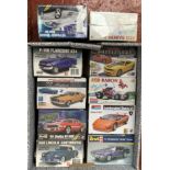 10 x 1:24 and 1:25 scale plastic model kits by Revell, Lindberg and Monogram, all cars and trucks.