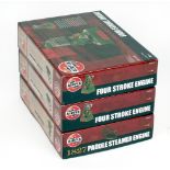 Three Airfix steam model kits: A08870 1827 Paddle Steamer Engine; two A07870 Four Stroke Engine.