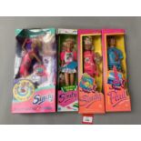 Four Hasbro Sindy dolls: Somersaulting; Tennis Star; Super Cool Sindy; Super Cool Paul.