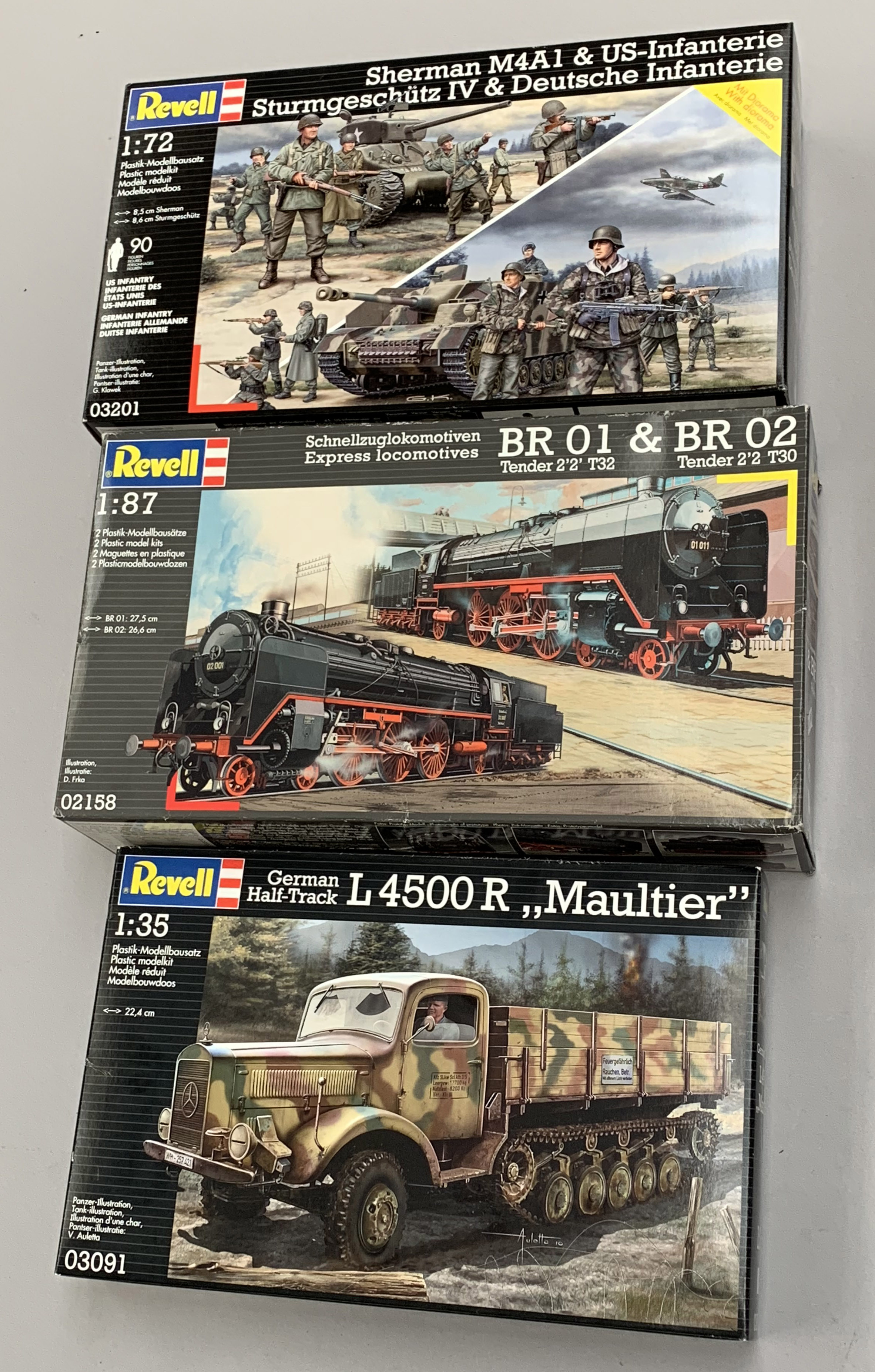 Three Revell plastic model kits: 03201 Sherman M4A1 & US Infantry,